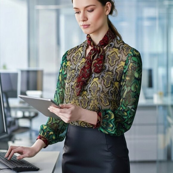 Alice Olivia Top M Sheila Blouson Tie Neck Bow Paisely Boho 3/4 Slv Career Sheer - Picture 2 of 5